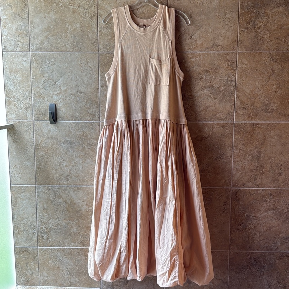 Free People Calla Lily Mixed Media Maxi Dress Pockets Drop Waist Bubble Skirt - Picture 4 of 16